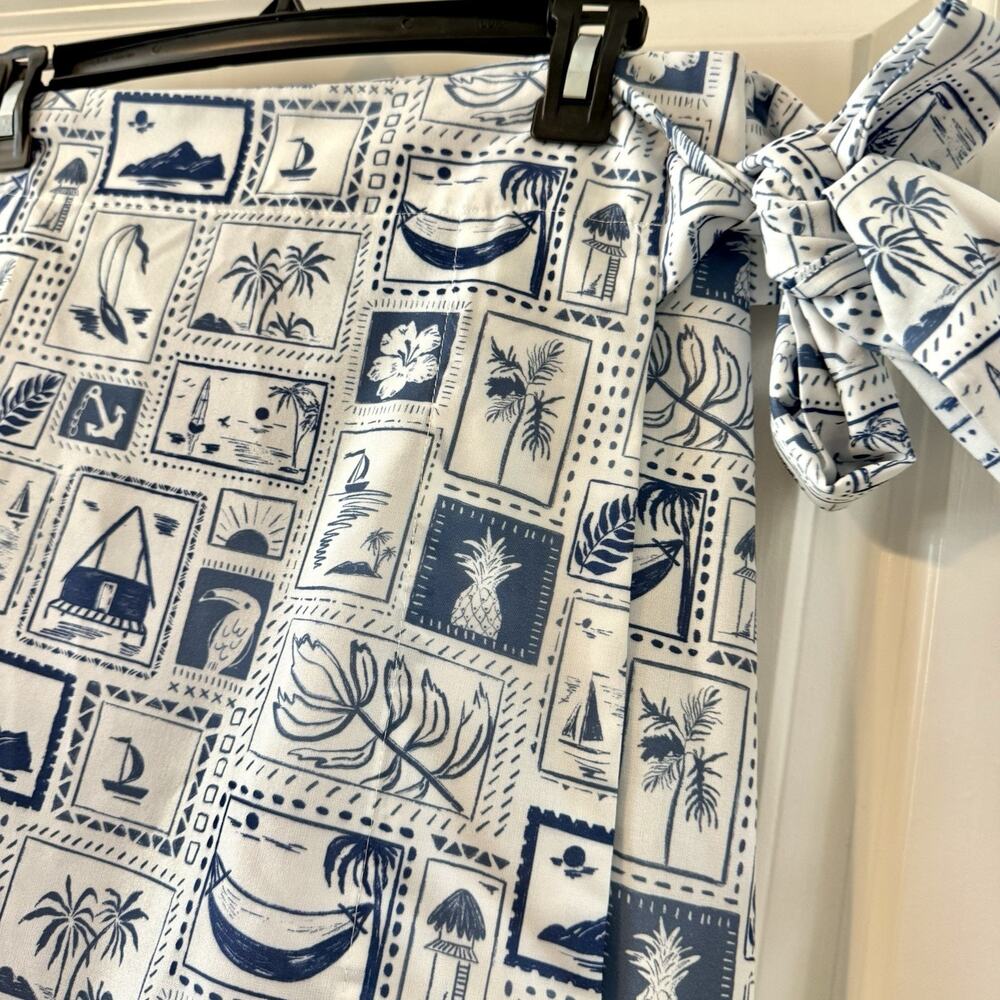 MABLE Womens Medium Wrap Midi Skirt Blue White Tropical Nautical Beach Vacation - Picture 5 of 15